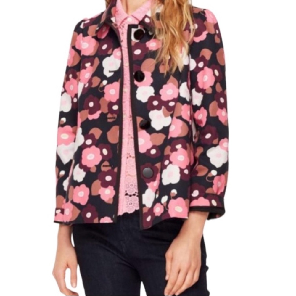 KATE SPADE New York Blooming Floral A-Line Boxy Swing Fit Jacket, Black, 00